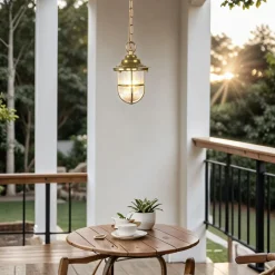 Metall Lampen|Messinglampen*Lido Außen Pendelleuchte Messing Riffelglas IP54 rostfrei