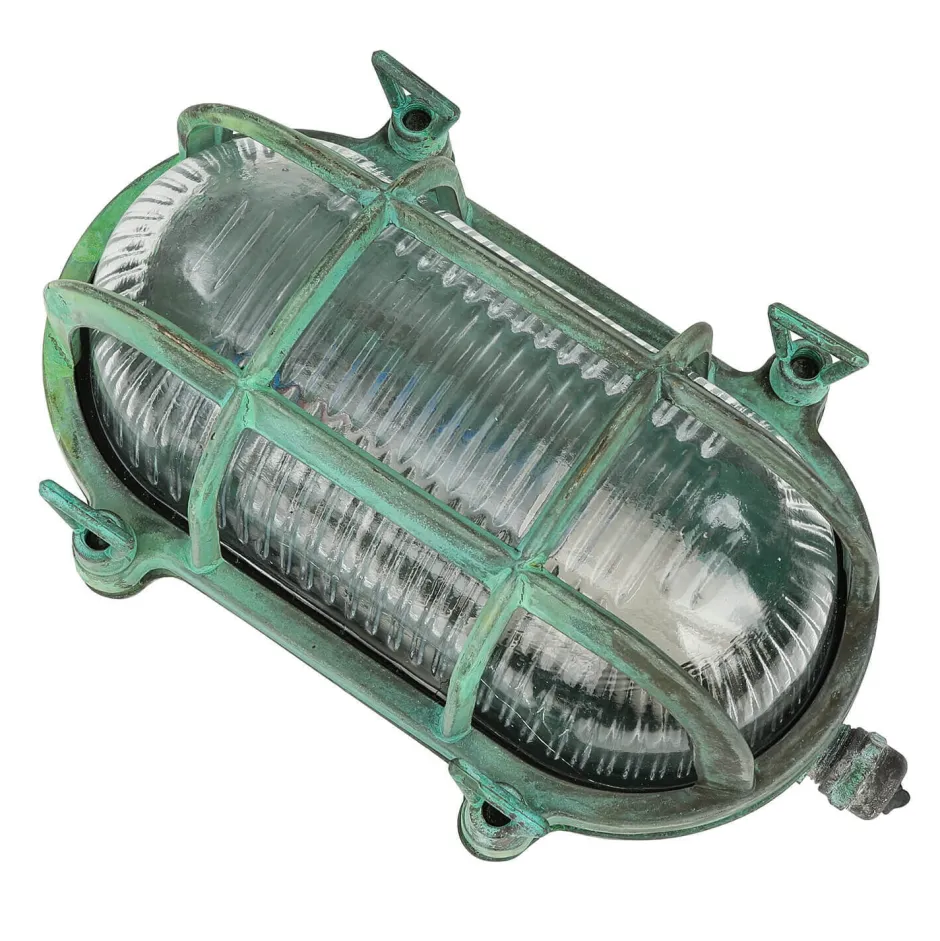 Rustikale Lampen|Metall Lampen*Lido Außenlampe Wand Messing Glas IP64 E27 Maritim Grün antik