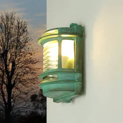Rustikale Lampen|Metall Lampen*Lido Außenleuchte Wand IP64 Messing Glas Grün antik E27