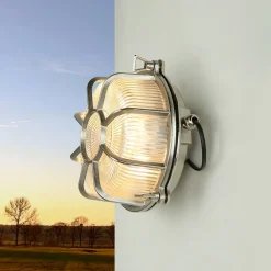 Außenwandleuchten|Moderne Lampen*Lido Außenleuchte Wand Maritim Echt-Messing Riffelglas E27