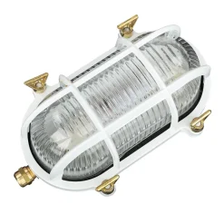 Rustikale Lampen|Metall Lampen*Lido Außenwandleuchte Messing Riffelglas Maritim Weiß