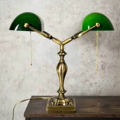 Giovanni Battista Bankerlampe 42,5 cm 2-flammig E27 Echt-Messing Zugschalter< Tischlampen|Bürolampen