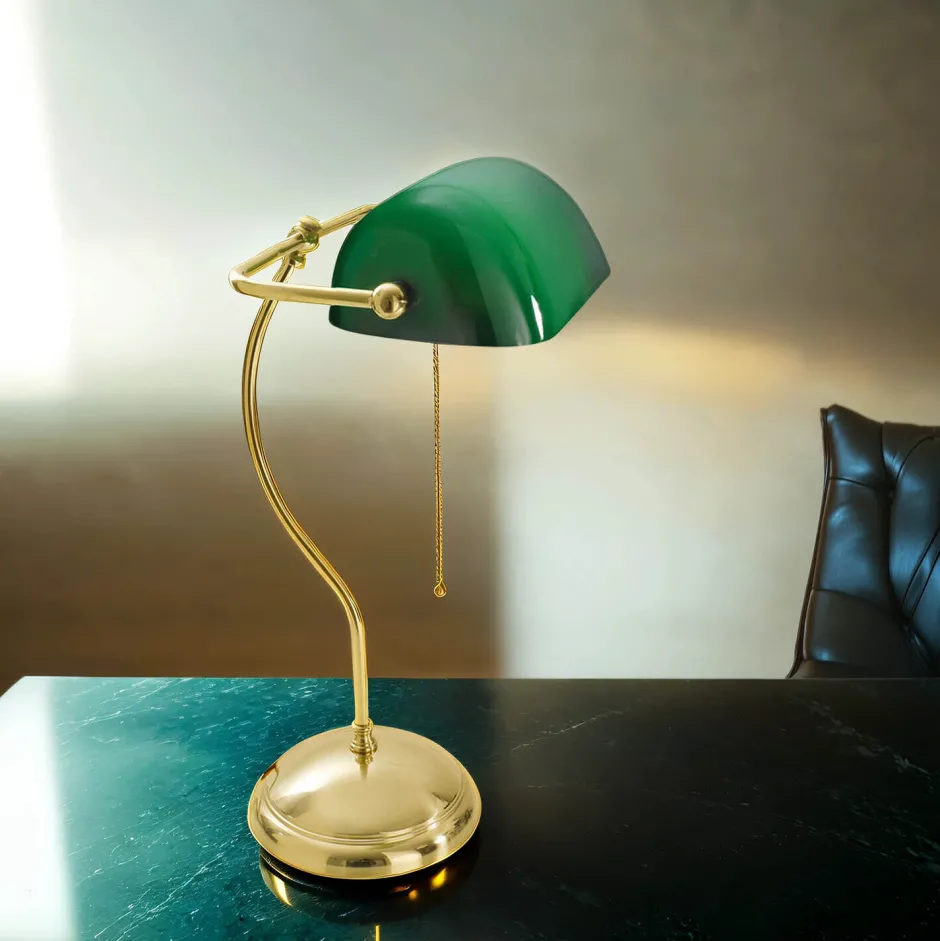 Giovanni Battista Bankerlampe Echt-Messing Poliert Premium< Schreibtischlampen|Glaslampen