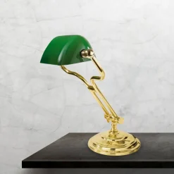 Giovanni Battista Bankerlampe Grün H: 35 cm verstellbar Echt-Messing Glas E14< Tischlampen|Bürolampen