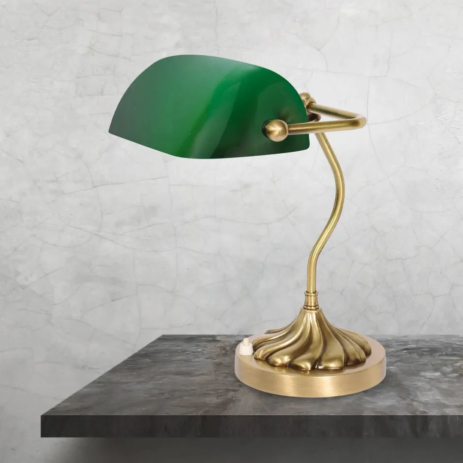 Giovanni Battista Bankerlampe in Bronze hell Grün E27 29 cm Glas Messing< Tischlampen|Bürolampen