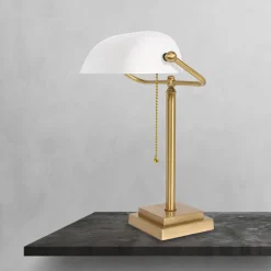 Glaslampen|Messinglampen*Giovanni Battista Bankerlampe Messing Glas 40 cm Zugschalter in Bronze Weiß