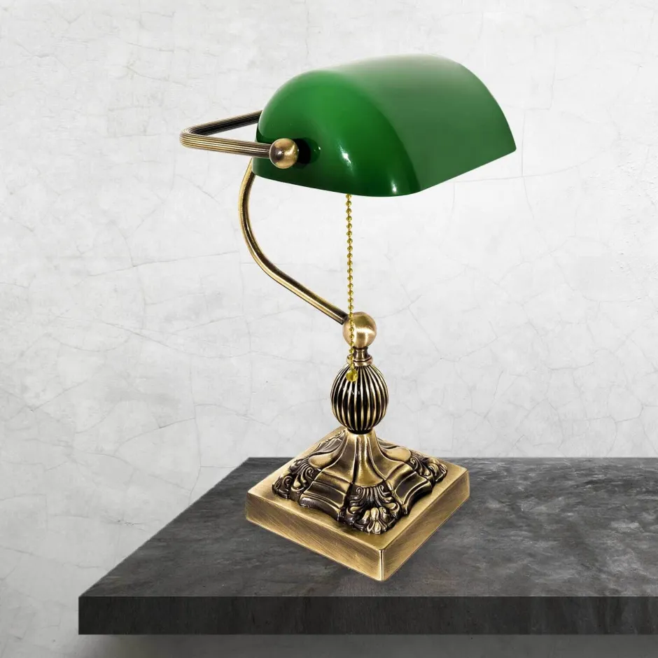 Giovanni Battista Bankerlampe Messing massiv Glas 36 cm hoch schwenkbar< Glaslampen|Messinglampen