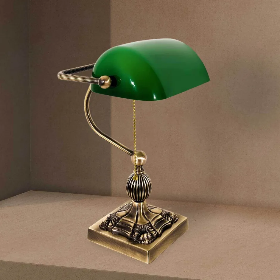 Giovanni Battista Bankerlampe Messing massiv Glas 36 cm hoch schwenkbar< Glaslampen|Messinglampen