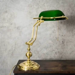 Giovanni Battista Bankerlampe Zugschalter 38 cm E27 Messing Glas Grün< Tischlampen|Bürolampen