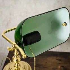 Giovanni Battista Bankerlampe Zugschalter 38 cm E27 Messing Glas Grün< Tischlampen|Bürolampen