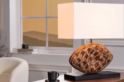 Invicta Interior Blendarme Tischlampe Stoff Akazie Kautschuk wohnlich< Tischlampen|Schlafzimmer Lampen