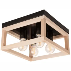 Lamkur Deckenlampe eckig Schwarz Natur Holz Metall B: 30 cm< Deckenleuchten|Flurlampen