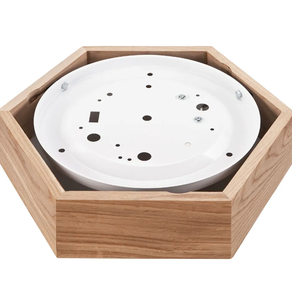 Flurlampen|Bürolampen*Lamkur Deckenlampe Holz Glas 6-eckig E27 32 cm breit Wohnzimmer