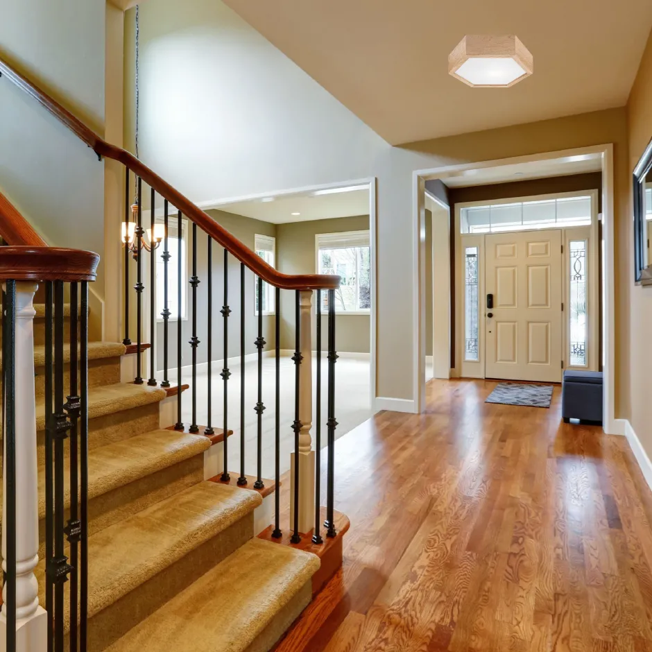 Flurlampen|Bürolampen*Lamkur Deckenlampe Holz Glas 6-eckig E27 32 cm breit Wohnzimmer