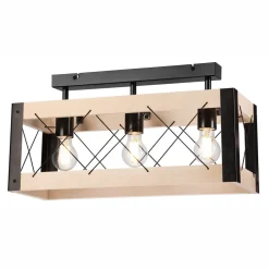 Deckenleuchten|Bürolampen*Lamkur Deckenlampe Holz Metall Rustikal 3-flammig E27 Schwarz Natur