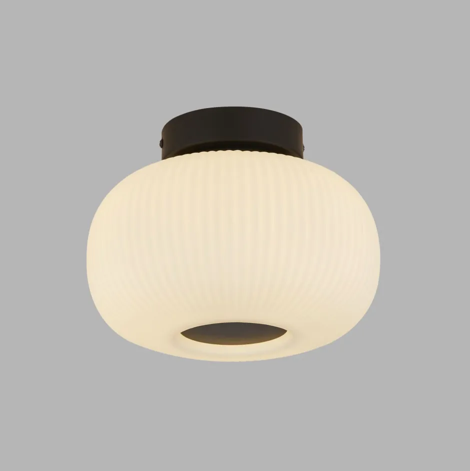 Searchlight Deckenlampe rund Ø 24 cm Schwarz Weiß Glas Metall E27< Deckenleuchten|Flurlampen