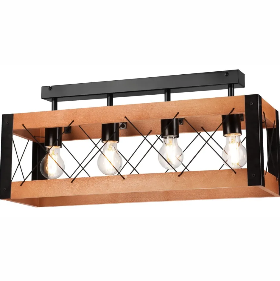Deckenleuchten|Bürolampen*Lamkur Deckenlampe Rustikal Holz Metall 4x E27 63 cm lang Schwarz