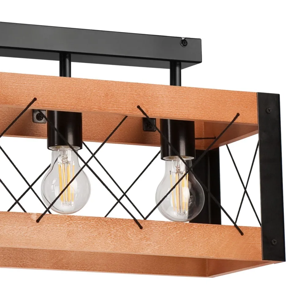 Deckenleuchten|Bürolampen*Lamkur Deckenlampe Rustikal Holz Metall 4x E27 63 cm lang Schwarz