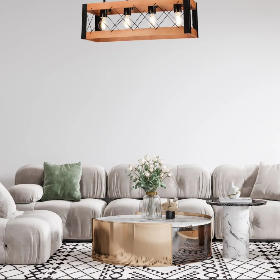 Deckenleuchten|Bürolampen*Lamkur Deckenlampe Rustikal Holz Metall 4x E27 63 cm lang Schwarz