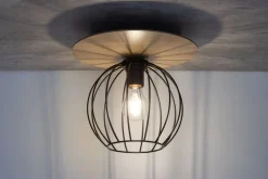 Sigma Deckenlampe Schwarz Natur E27 Holz Metall Kugelschirm< Deckenleuchten|Flurlampen