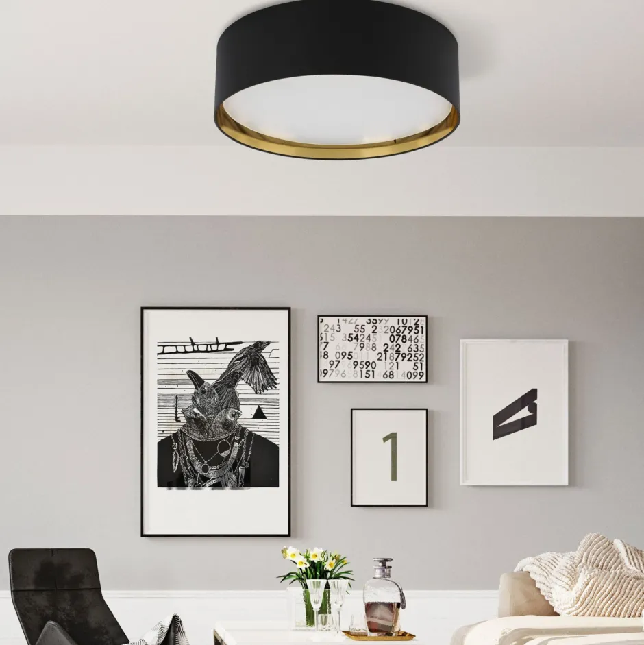 Stofflampen|Moderne Lampen*TK Lighting Deckenlampe Stoffschirm Schwarz Gold rund Ø 60 cm groß