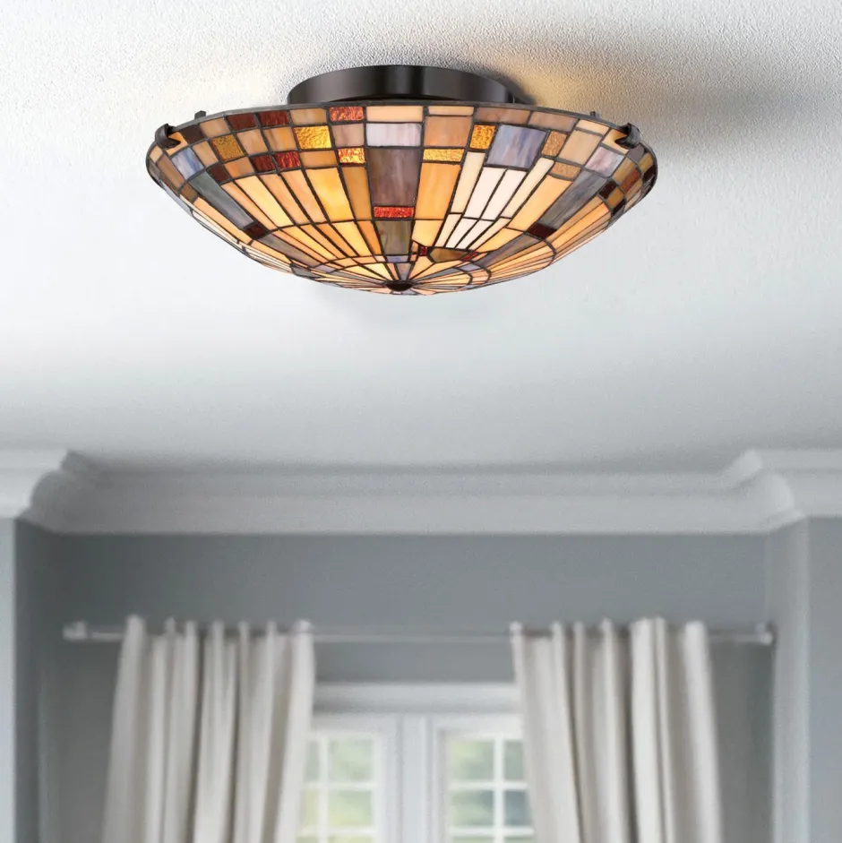 Deckenleuchten|Flurlampen*Elstead Deckenlampe Tiffany Stil rund Ø 40,7 cm Metall Glas 2x E27
