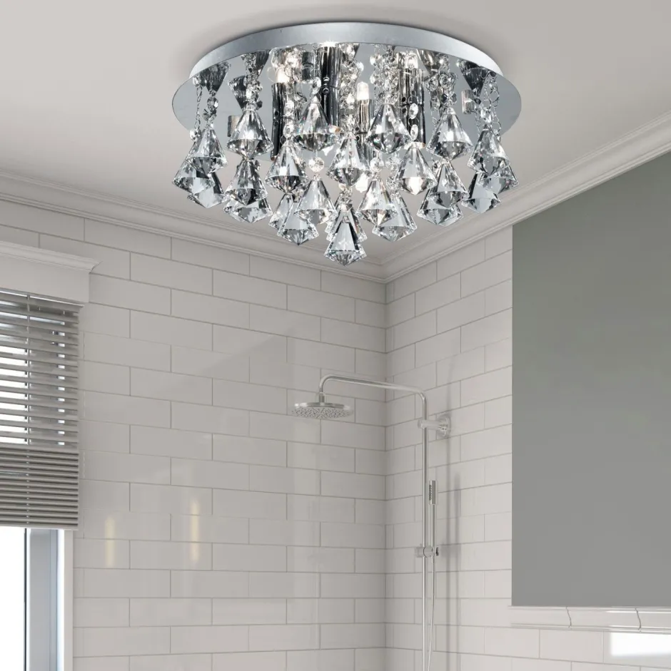 Deckenleuchten|Flurlampen*Searchlight Deckenleuchte Bad IP44 Ø 38 cm rund 4x G9 Kristall Metall