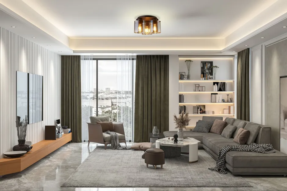 Flurlampen|Wohnzimmerlampen*Searchlight Deckenleuchte Glas Metall in Mokka Bernstein 3-flammig