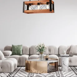 Lamkur Deckenleuchte Holz Metall Rustikal L: 53 cm Schwarz 3x E27< Deckenleuchten|Rustikale Lampen