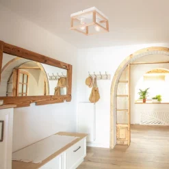 Deckenleuchten|Flurlampen*Lamkur Deckenleuchte Holz Metall B: 30 cm eckig Natur Weiß 2x E27