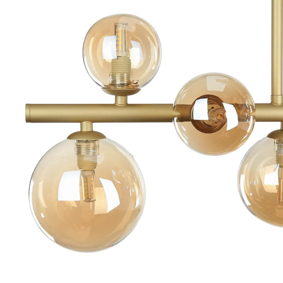 Glaslampen|Metall Lampen*Novecento Deckenleuchte Rauchglas Metall 87 cm lang Creme Gold 10x G9