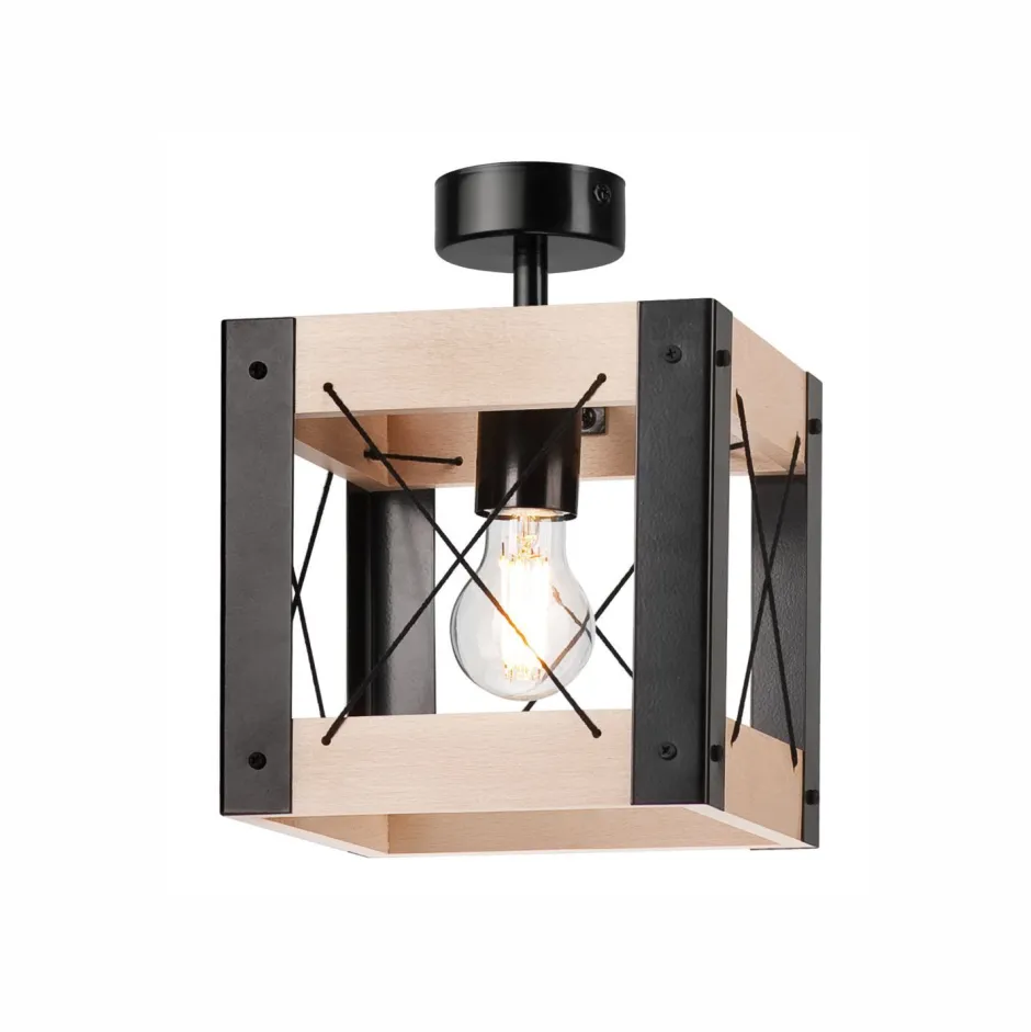 Lamkur Deckenleuchte Rustikal eckig B: 20 cm klein E27 Holz Metall< Deckenleuchten|Bürolampen