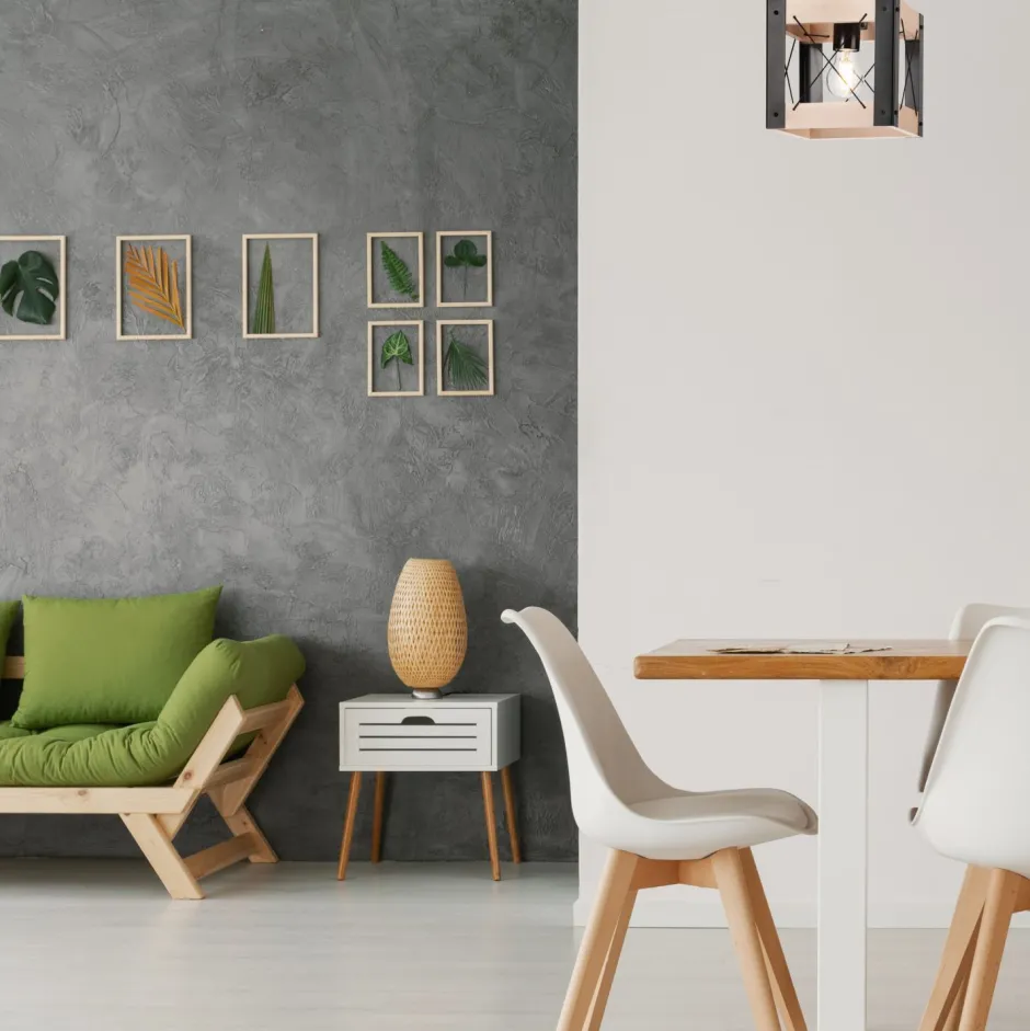 Lamkur Deckenleuchte Rustikal eckig B: 20 cm klein E27 Holz Metall< Deckenleuchten|Bürolampen