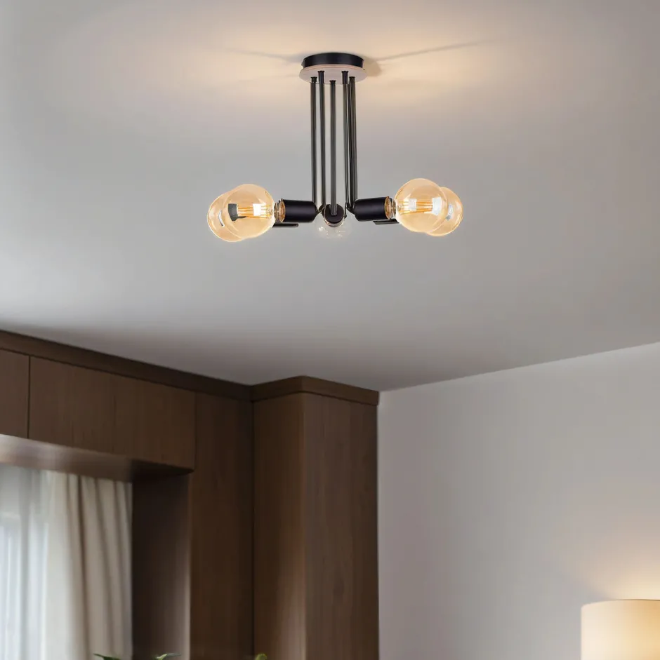 Deckenleuchten|Wohnzimmerlampen*Keter Deckenleuchte Schwarz Metall Holz E27 5-flammig