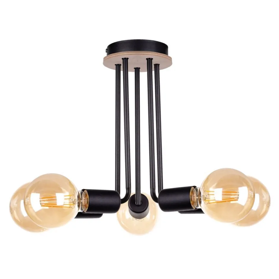 Deckenleuchten|Wohnzimmerlampen*Keter Deckenleuchte Schwarz Metall Holz E27 5-flammig