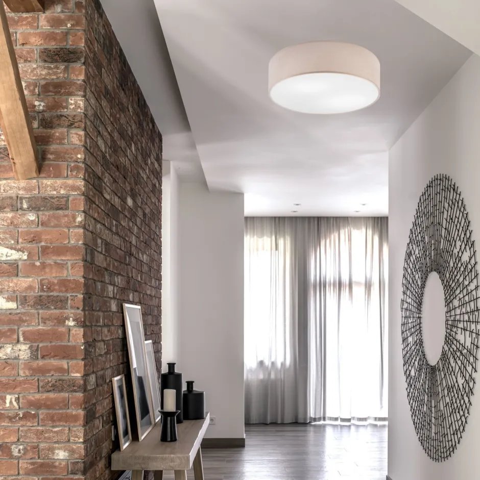 Lamkur Deckenleuchte Stoff Ø 45 cm rund flach blendarm Beige 2x E27< Deckenleuchten|Flurlampen