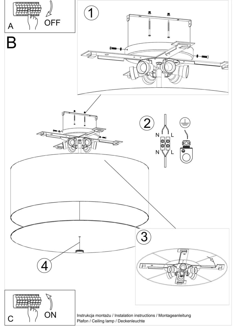 Sollux Deckenleuchte Stoff Glas Ø 70 cm H: 35 cm Schwarz< Deckenleuchten|Bürolampen
