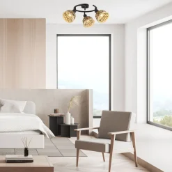 Searchlight Deckenspot 3-flammig Ø 46 cm Schwarz Natur E14 Holz Metall< Deckenleuchten|Flurlampen