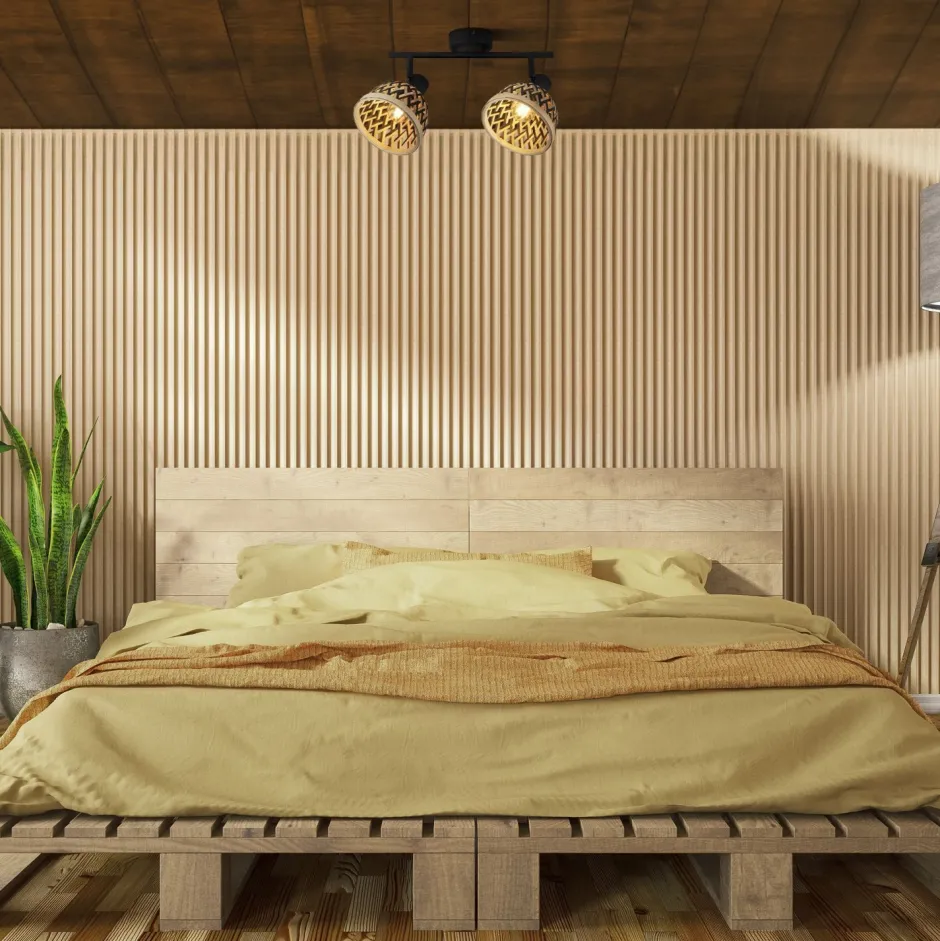 Searchlight Deckenspot 2-flammig E14 Schwarz Natur Bambus Holz Metall< Flurlampen|Bürolampen