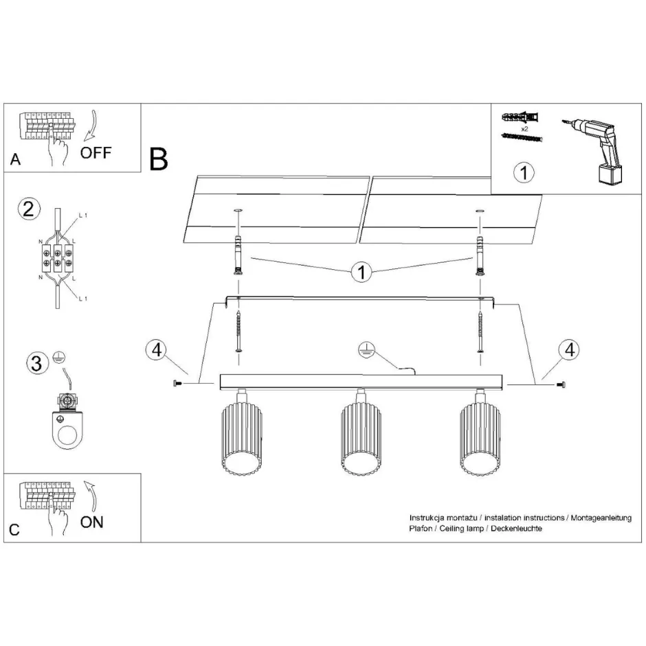 Flurlampen|Wohnzimmerlampen*Sollux Deckenstrahler 3-flammig Weiß GU10 B: 45 cm klein Aluminium