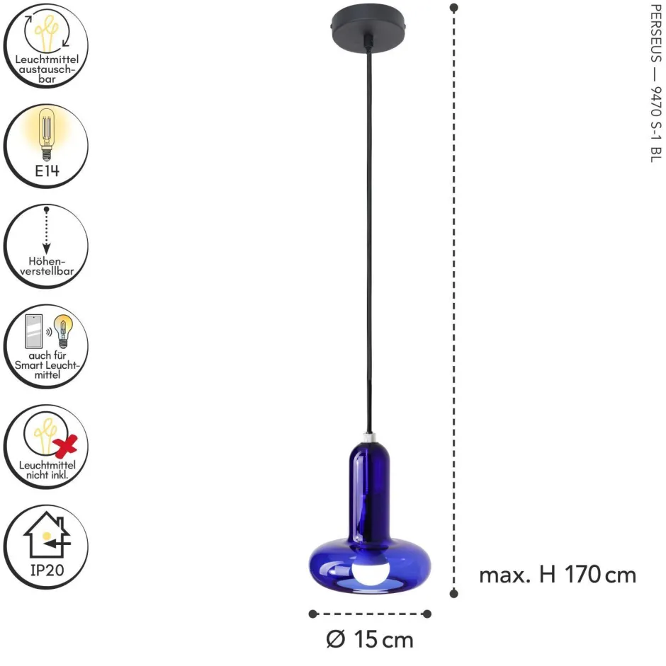 Eco-Light Dekorative Hängelampe Glas Blau E14 B:15 cm Modern< Wohnzimmerlampen|Glaslampen
