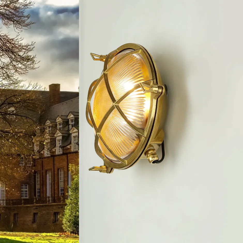 Lido Echt-Messing Außenwandleuchte SERIFOS Riffelglas< Metall Lampen|Messinglampen