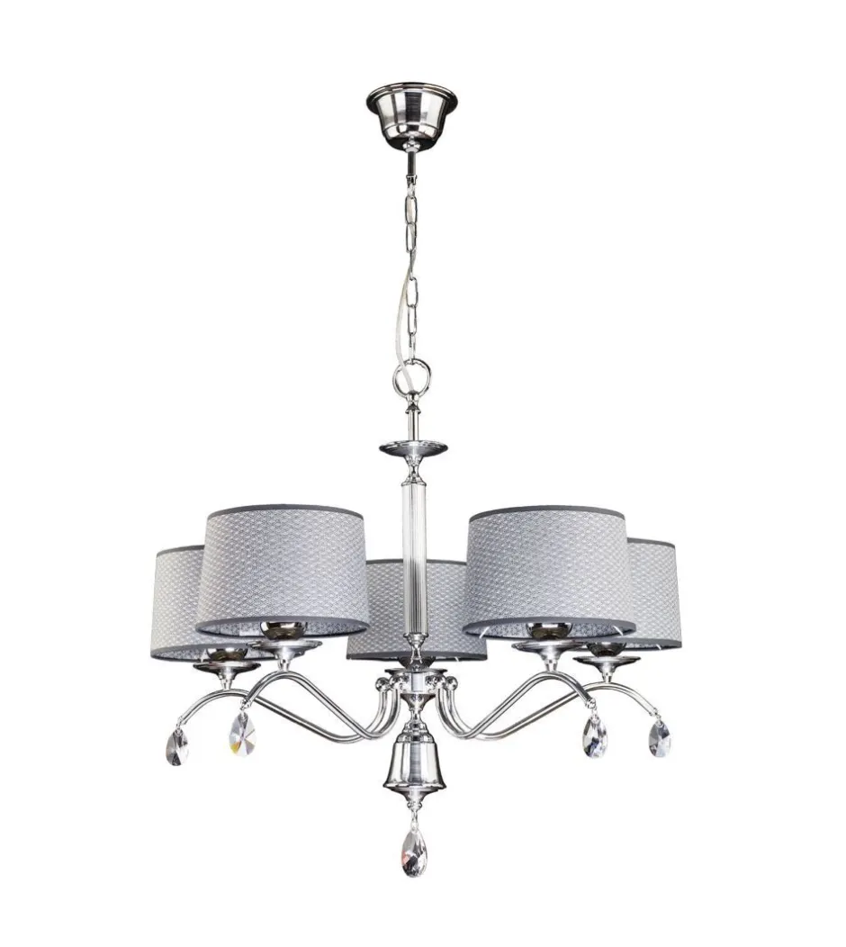 Jupiter Edler Kronleuchter Grau Chrom Stoff Esstisch 5xE27< Moderne Lampen|Stofflampen