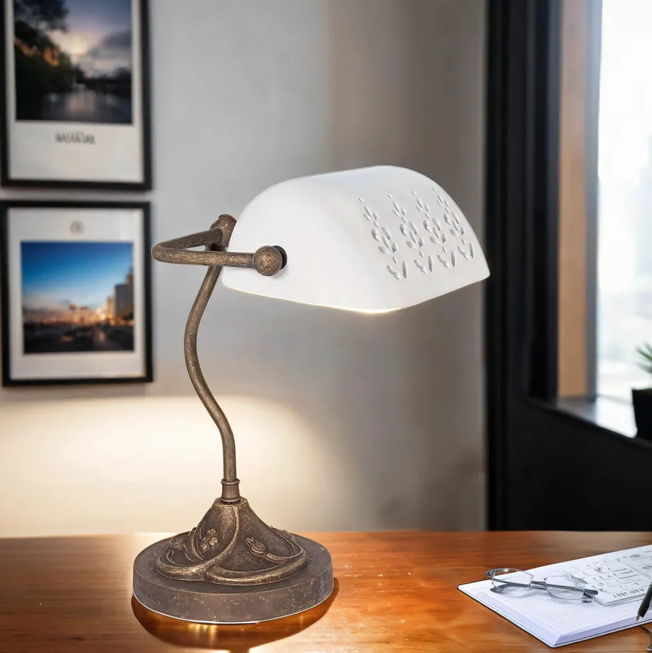 Tischlampen|Bürolampen*Giovanni Battista Exklusive Bankerlampe Messing in Bronze Antik Weiß