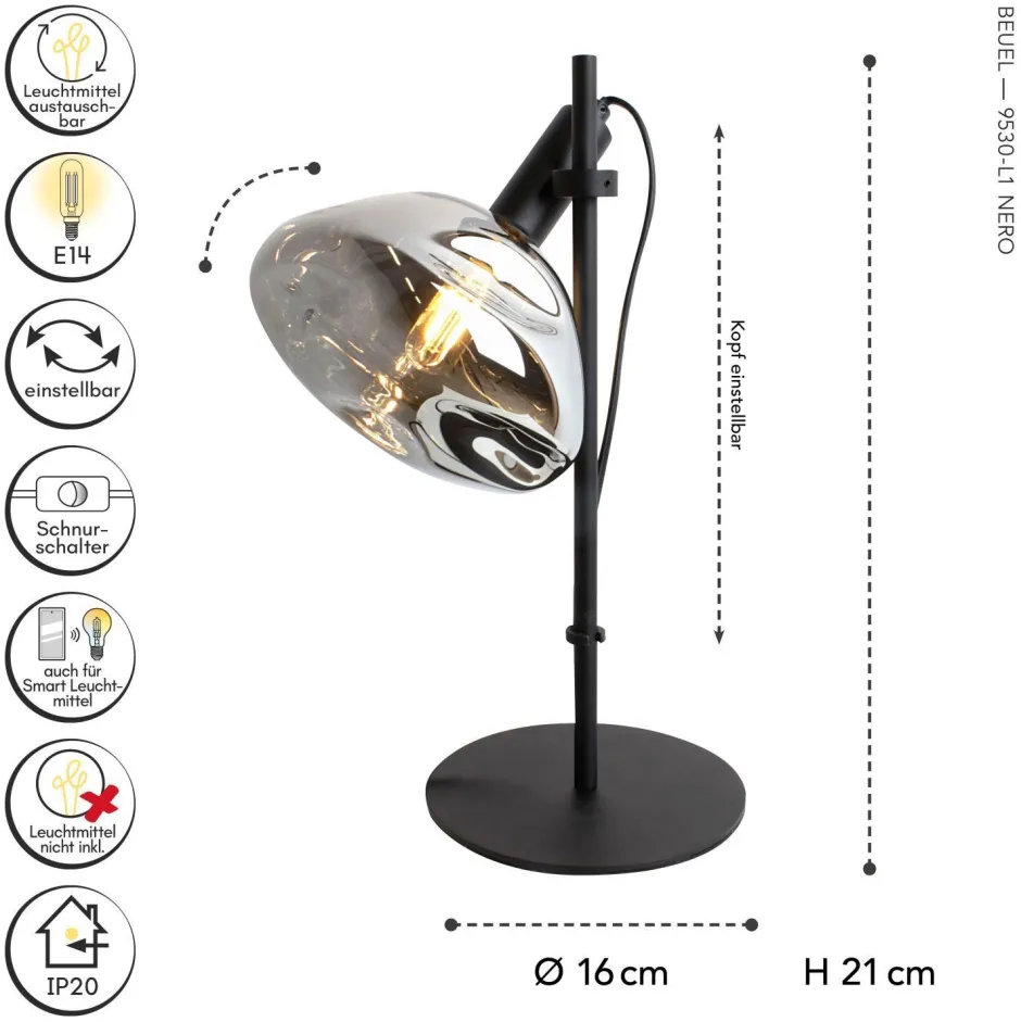 Wohnzimmerlampen|Glaslampen*Eco-Light Flexible Tischlampe Glas E14 35,3 cm Schwarz Rauchgrau