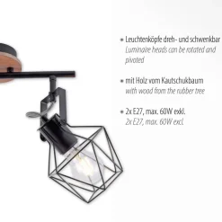 Just Light Flexibler Deckenspot Holz Metall Schwarz E27 Vintage< Bürolampen|Wohnzimmerlampen