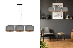 Belis Gemütliche Hängelampe Stoff Grau Gold E27 100 cm lang< Bürolampen|Esszimmer Lampen