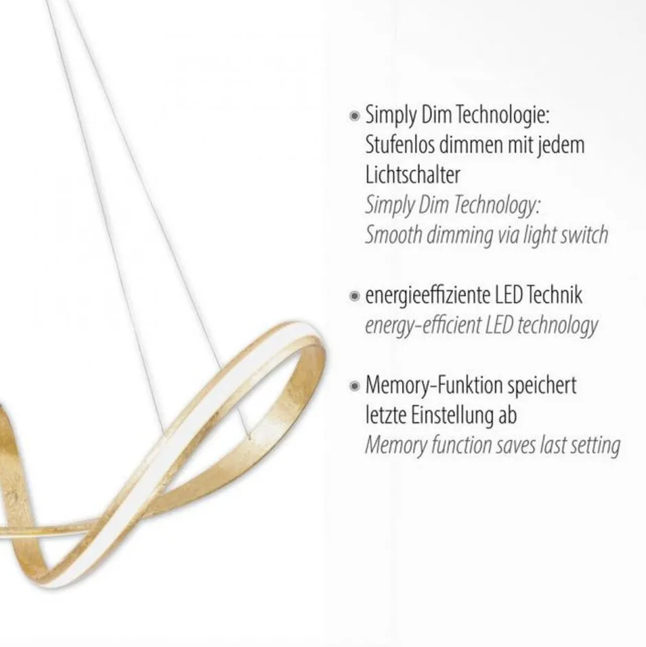 Hängelampen|Bürolampen*Paul Neuhaus Geschwungene LED Pendelleuchte in Gold L:91 cm dimmbar