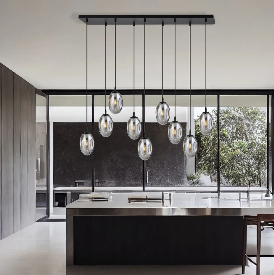 Emibig Große Hängeleuchte Glas Schirme9x E14 100 cm dekorativ< Wohnzimmerlampen|Glaslampen