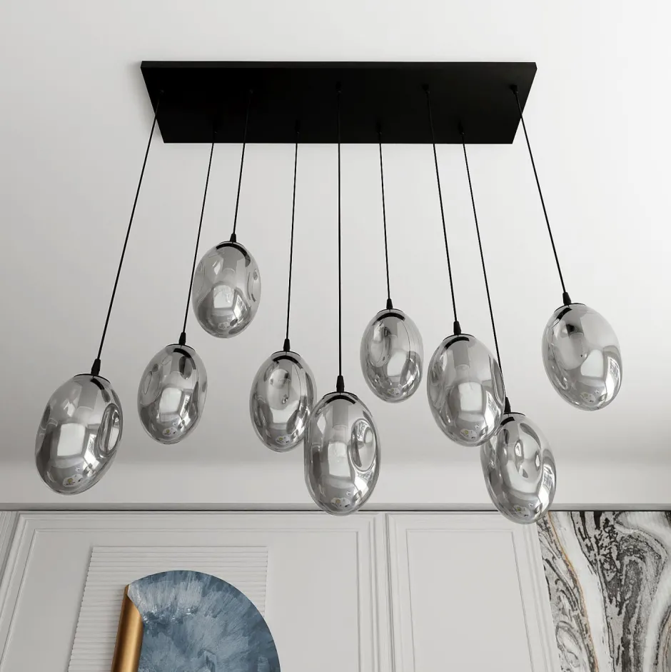 Emibig Große Hängeleuchte Glas Schirme9x E14 100 cm dekorativ< Wohnzimmerlampen|Glaslampen